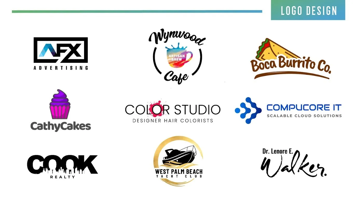 Collection of logo design concepts developed for varied businesses
